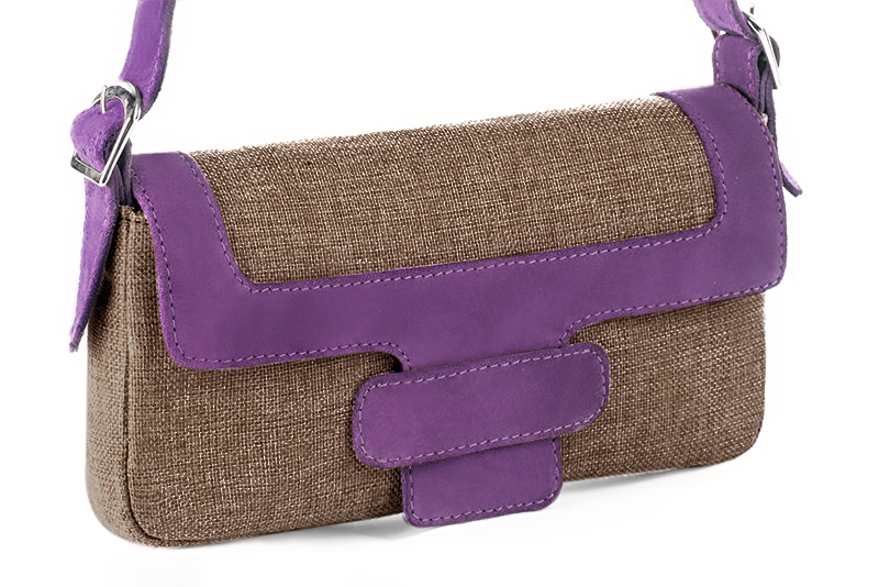 Caramel brown and amethyst purple women's dress handbag, matching pumps and belts. Front view - Florence KOOIJMAN